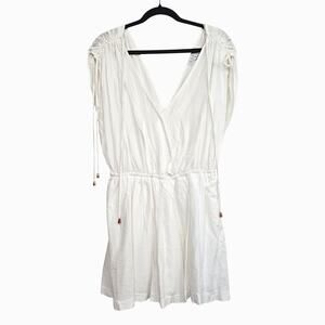 Hyfve White Romper Ruched Shoulders Tassel Ties Pockets Lined V-Neck Boho Chic M